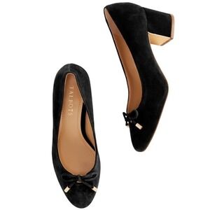 Talbots Isa Bow Black Suede Pumps Womens size 6.5 Block Heel Gold Detail Office